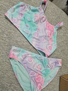 Girls Pastel Heart Print Two-Piece Swimsuit - Pink, Mint, Lavender